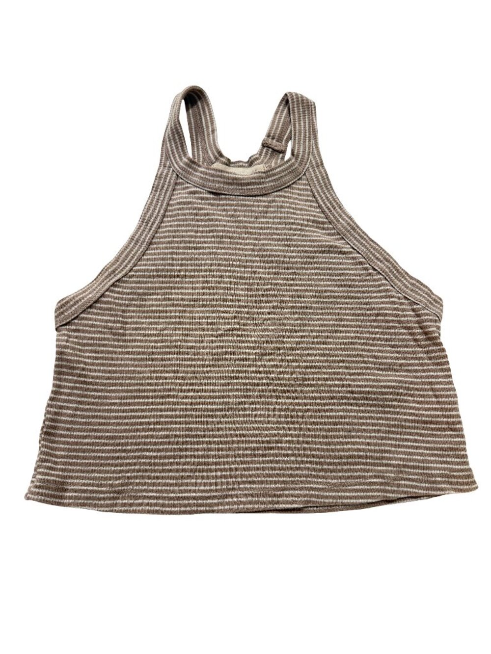Truly Madly Deeply Tan Cream Striped Ribbed Tank Top Shirt Scoop Small Women's